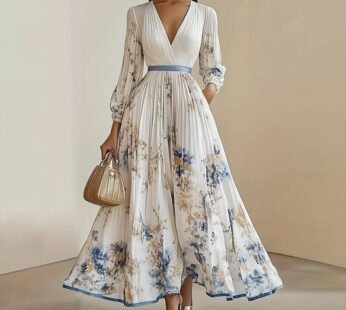 Women’s Floral Print V-Neck Long Sleeve Maxi Dress A-Line Flowy Ruffled For Spring&Summer Vacation & Evening Party