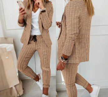 Women’s Solid Color Plaid Long Sleeve Suit Two-piece Set With Pockets & Drawstring Waist Office Wear For Spring&Fall