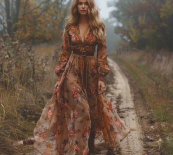 Women’s V-Neck Floral Print Long Sleeve Dress With Cuffed Sleeves Flowy Maxi Summer Vacation Party Dress