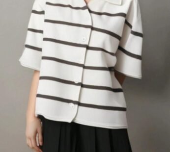 Women’s 2025 Spring Summer Casual Fold-Down Short Sleeve Fashion Button Knitted Cardigan Sweater Navy Striped Sleeve Knitted Cardigan